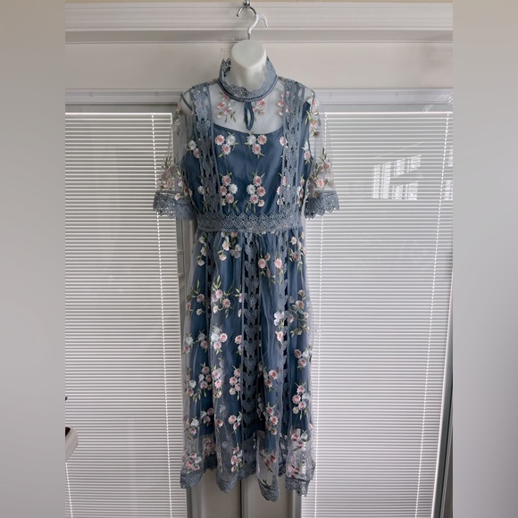 NWT GARDEN GLAMOUR EMBROIDERED CROCHET TRIM MESH DRESS size XXL - Picture 1 of 4